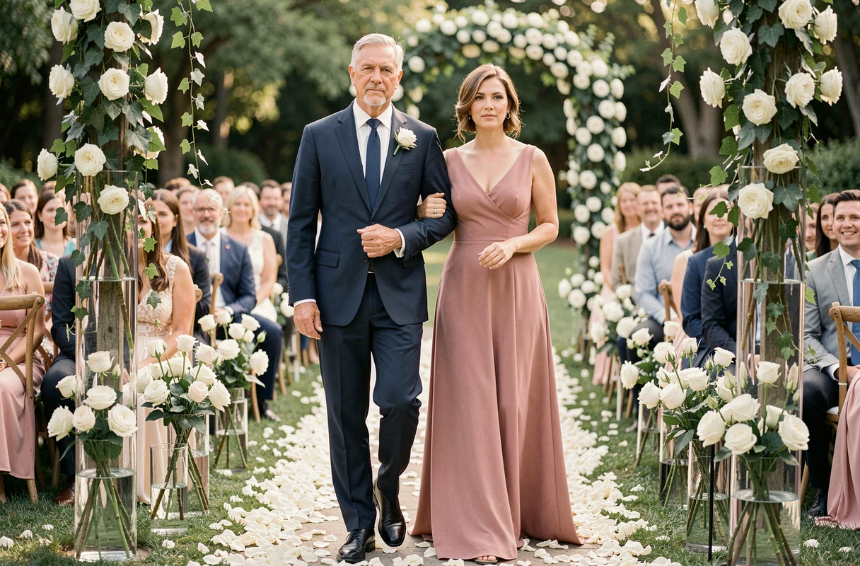 Un couple de parents marchant dans l'allée lors d'un mariage, évoquant A Thousand Years de Christina Perri