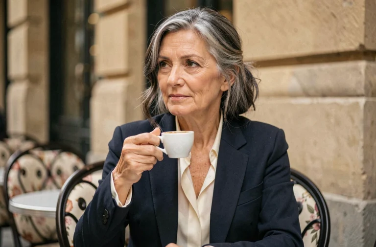 Actrice française élégante d'une cinquantaine d'années attablée en terrasse d'un café parisien, dégageant charisme et sérénité