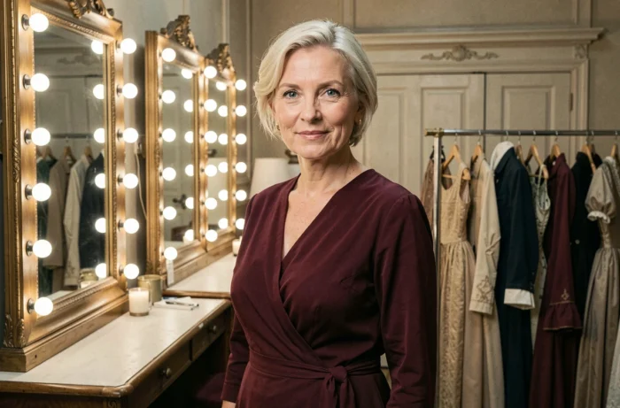Actrice française mature en coulisses d'un théâtre classique, entourée de miroirs et de costumes, regard confiant et expressif