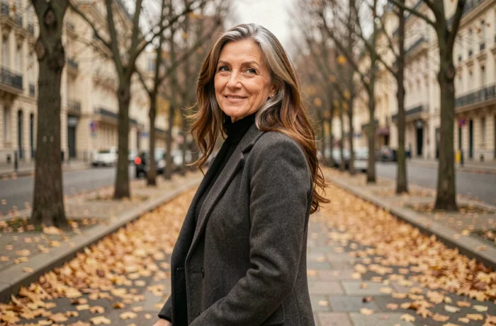 Actrice française d'une soixantaine d'années marchant sur un boulevard parisien en automne, manteau gris structuré et sourire naturel