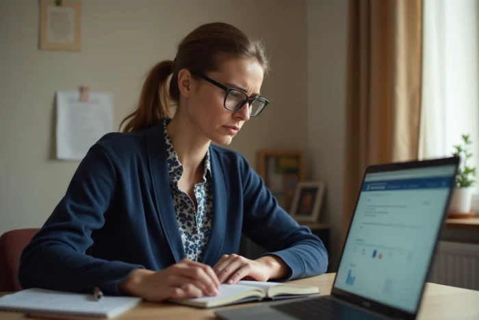 Femme regardant avec inquiétude un portail France Travail sur son ordinateur portable après une actualisation validée