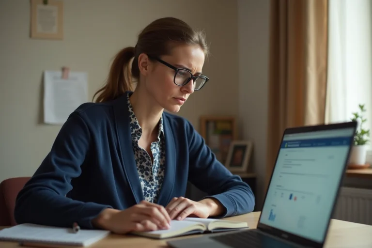 Femme regardant avec inquiétude un portail France Travail sur son ordinateur portable après une actualisation validée