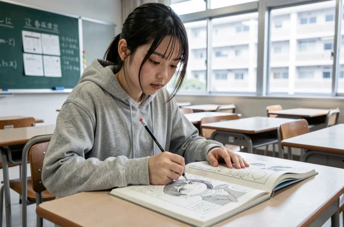 Adolescente apprenant à dessiner des visages de manga en suivant un tutoriel dans une salle de classe japonaise