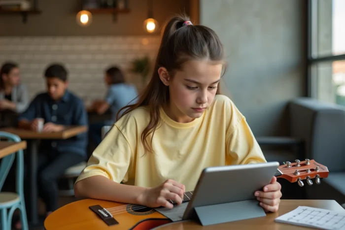 Adolescente apprenant la guitare en consultant des partitions gratuites sur une tablette dans un café