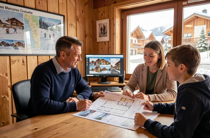 Agent immobilier présentant des appartements aux Menuires Croisette à une famille en agence avec plans et brochures de location saisonnière