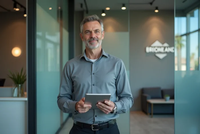 Agent immobilier tenant une tablette avec un profil de dossier locataire numérique dans le hall d'une agence immobilière moderne