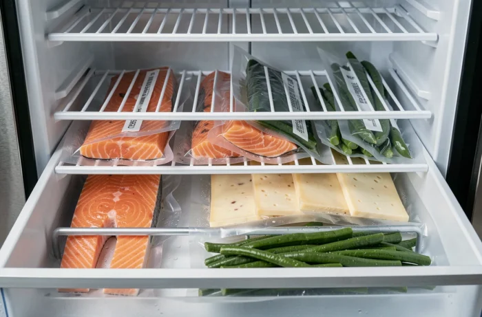 Tiroir de réfrigérateur organisé avec des aliments emballés sous vide pour une conservation optimale