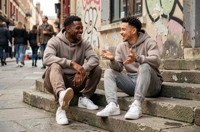 Deux amis comparant leurs sneakers tendance assis sur des escaliers urbains dans un quartier animé