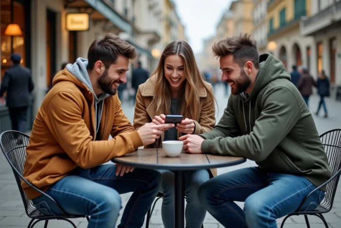 Groupe d'amis discutant des dernières tendances sportives autour d'un smartphone en terrasse de café