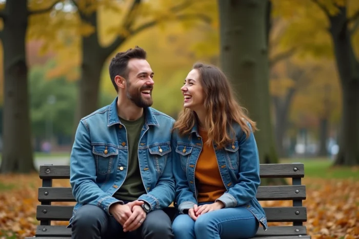 Deux amis qui rient sur un banc de parc en automne évoquant une conversation autour d'un mot familier du quotidien