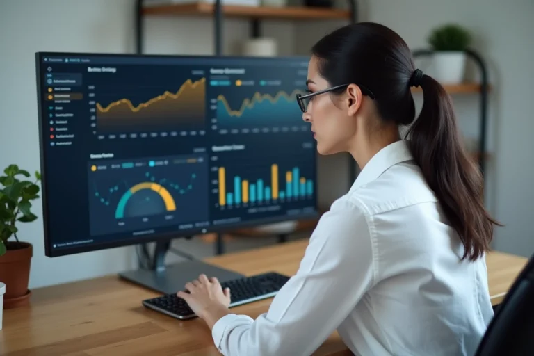 Professionnelle analysant les performances d'un hébergement web sur un écran d'ordinateur dans un bureau moderne