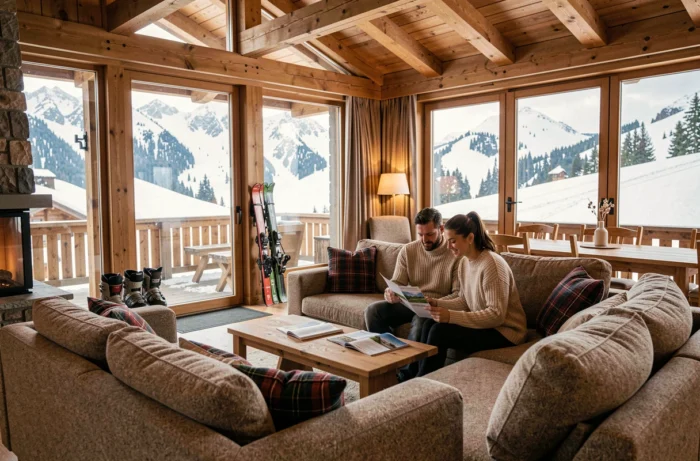 Couple choisissant un appartement aux Menuires Croisette avec vue panoramique sur les pistes enneigées depuis un salon alpin chaleureux