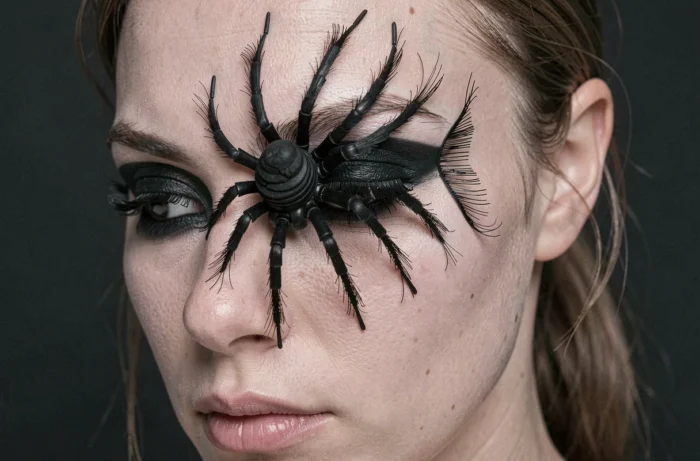Araignée 3D réalisée avec des faux cils découpés et collée sur la tempe dans le cadre d'un maquillage Halloween effrayant