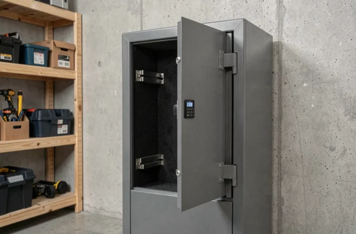 Armoire à fusil en métal gris avec serrure numérique, porte entrouverte révélant le rembourrage intérieur, dans une remise bien organisée