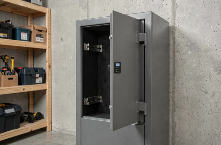 Armoire à fusil en métal gris avec serrure numérique, porte entrouverte révélant le rembourrage intérieur, dans une remise bien organisée