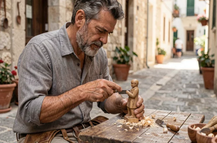 Artisan grec sculptant une figurine en bois d'olivier dans une ruelle pavée de Corinthe