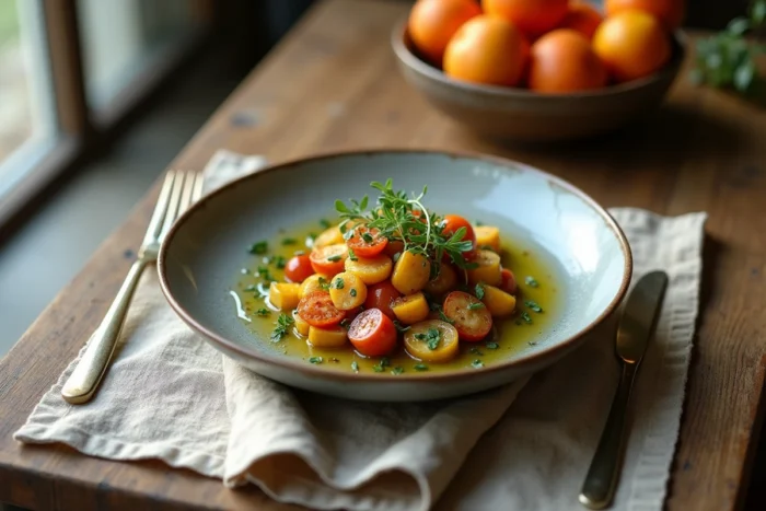 Assiette gastronomique maison avec légumes rôtis, huile aux herbes et pousses fraîches sur une table en bois avec nappe en lin