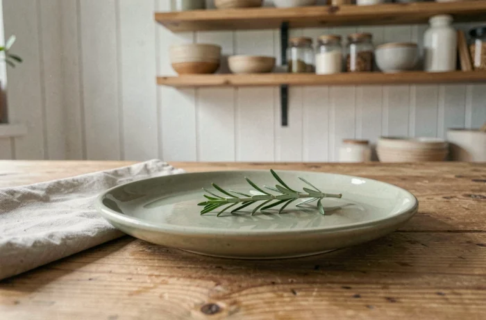 Assiette artisanale en grès émaillé vert sauge sur table en chêne brut avec serviette en lin et brin de romarin dans une cuisine scandinave rustique