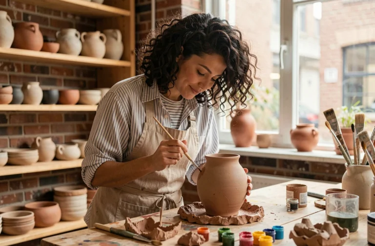 Femme peignant un vase en céramique dans un atelier artisanal chaleureux, idée de loisir créatif à la maison