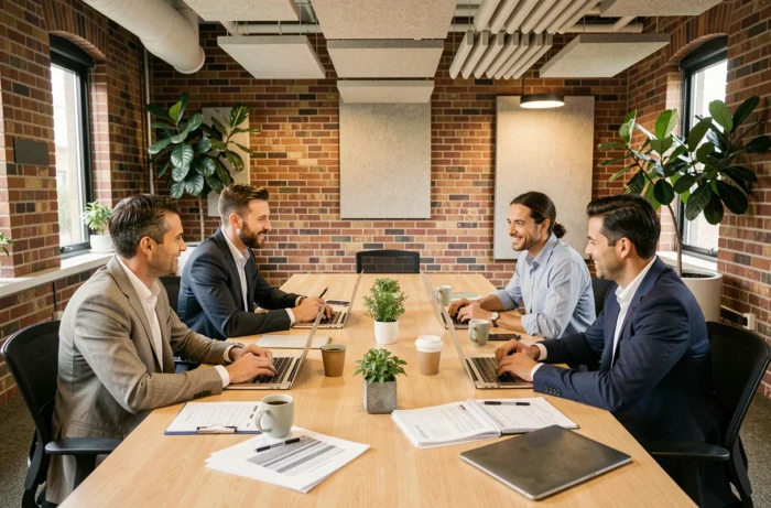 Groupe de professionnels collaborant lors d'un atelier de développement des compétences en entreprise