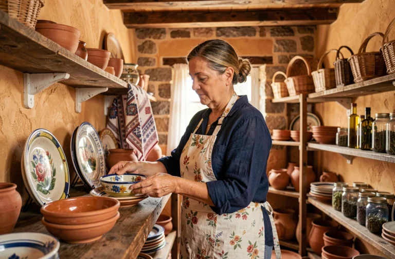 Artisane grecque arrangeant des céramiques peintes à la main dans une boutique traditionnelle de Corinthe