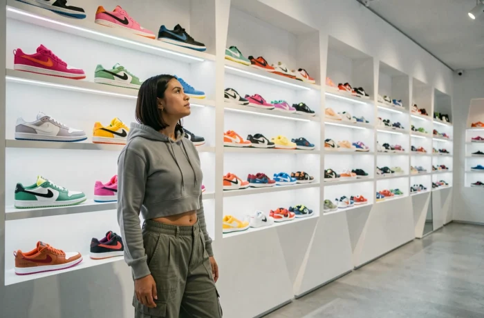 Femme admirant un mur de sneakers en édition limitée dans une boutique spécialisée contemporaine