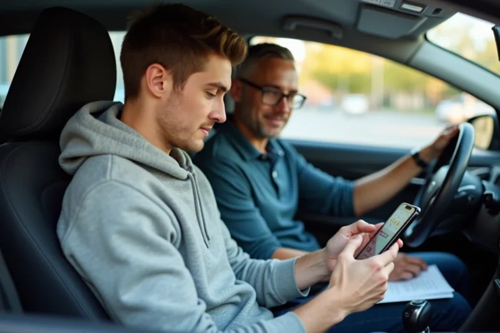 Candidat au permis de conduire consultant l'application Candibot avec son moniteur d'auto-école dans un véhicule