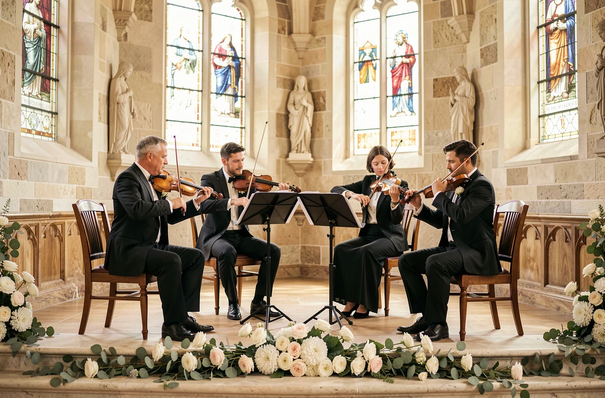 Quatuor à cordes jouant le Canon en Ré de Pachelbel lors d'une cérémonie de mariage