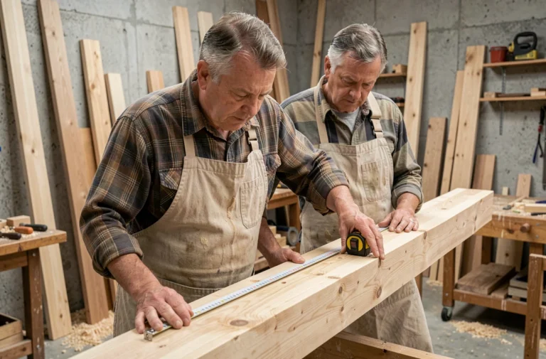 Charpentier mesurant une section de poutre en bois dans un atelier de menuiserie professionnel