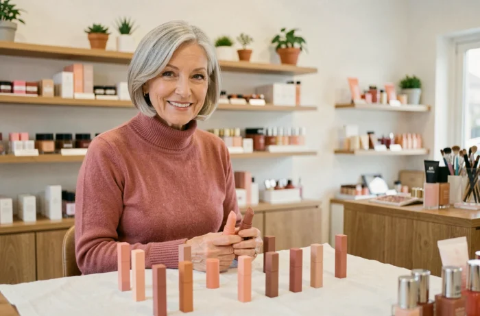 Femme élégante de 65 ans choisissant un rouge à lèvres mat pêche dans une boutique de cosmétiques