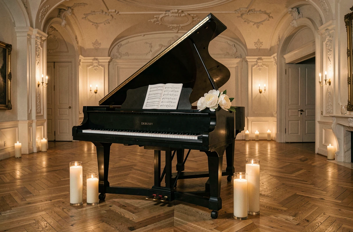 Un piano à queue dans une salle de mariage élégante évoquant Clair de Lune de Debussy
