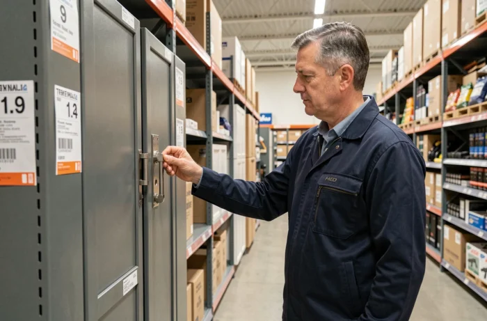 Client d'une quarantaine d'années inspectant une armoire à fusil en magasin de bricolage, examinant les charnières de la porte avec attention