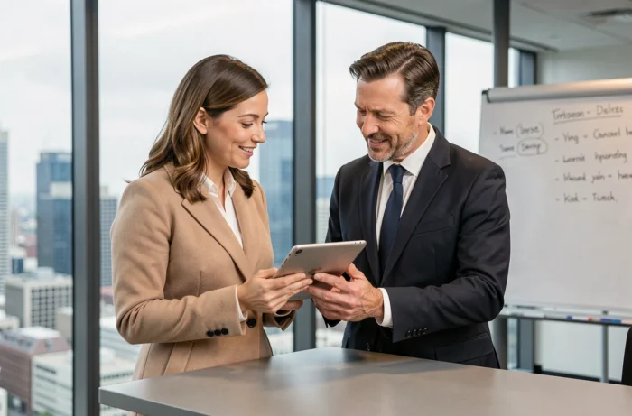 Deux professionnels collaborant sur des ressources numériques pour développer leur business dans une salle de réunion moderne