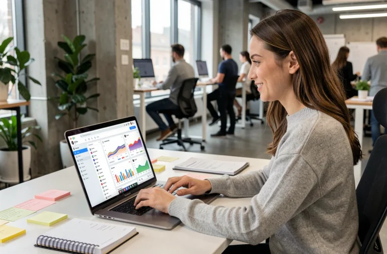Community manager femme travaillant sur un tableau de bord de réseaux sociaux dans un bureau moderne