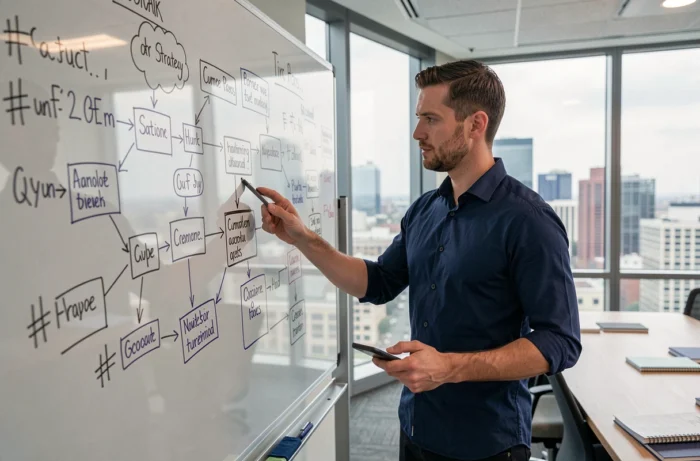 Community manager homme planifiant une stratégie de contenu sur un tableau blanc dans une agence créative