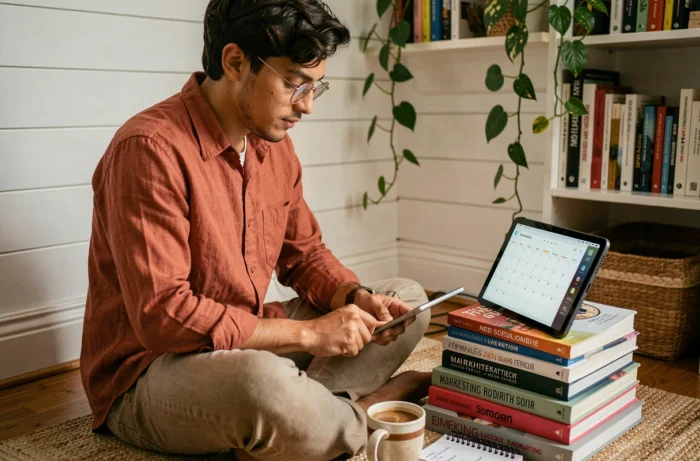 Community manager en télétravail utilisant une tablette et un calendrier éditorial dans un bureau à domicile