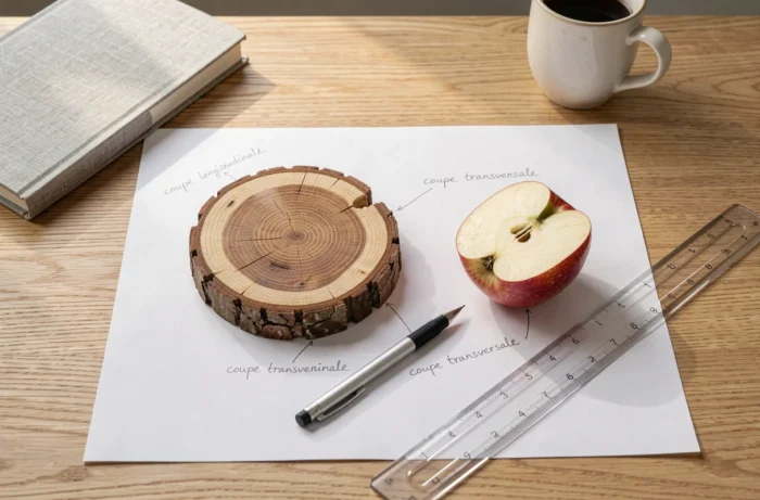 Vue en plongée d'un bureau étudiant avec livre d'anatomie, coupe de tronc d'arbre et pomme coupée illustrant les deux types de coupes
