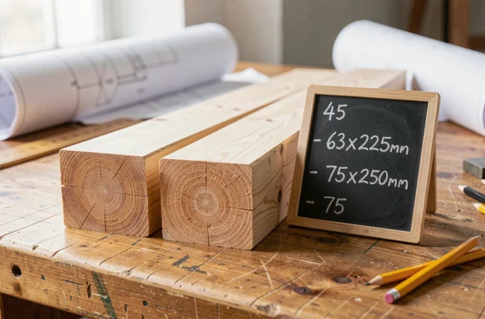 Comparaison de sections de bois de différentes dimensions sur un établi d'architecte avec plans et règle