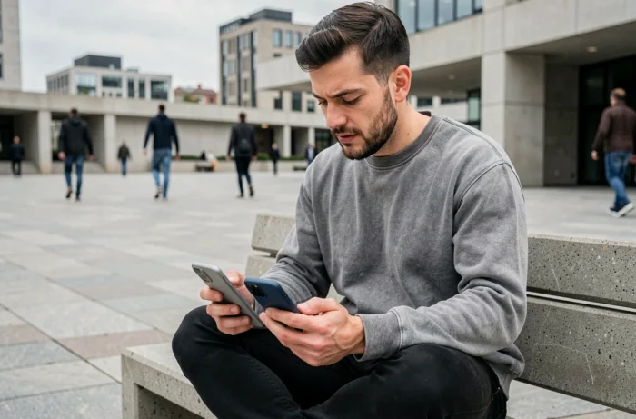 Jeune homme comparant deux smartphones haut de gamme en extérieur dans un environnement urbain contemporain