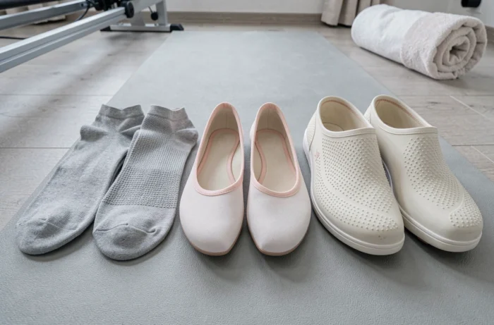 Comparaison de trois types de chaussures et chaussettes de Pilates posées côte à côte sur un tapis de sport gris dans un studio