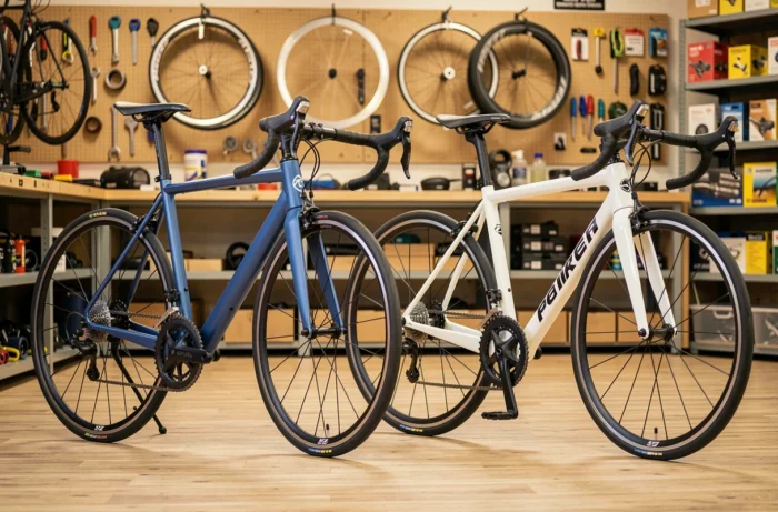 Comparaison de deux vélos de route abordables côte à côte dans un atelier de cyclisme