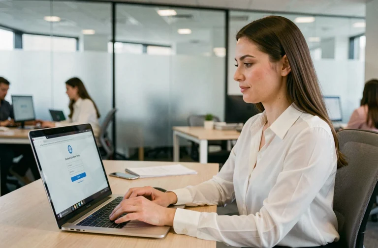 Femme professionnelle connectée à son compte en ligne sur un ordinateur portable dans un bureau moderne