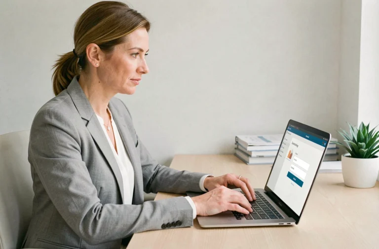 Femme professionnelle connectée à son espace personnel Arkevia sur un ordinateur portable dans un bureau à domicile moderne