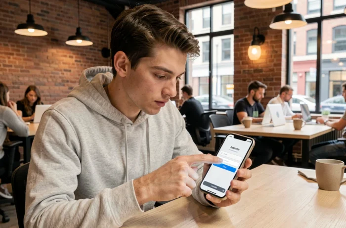 Jeune professionnel accédant à son compte Arkevia sur smartphone dans un espace de coworking