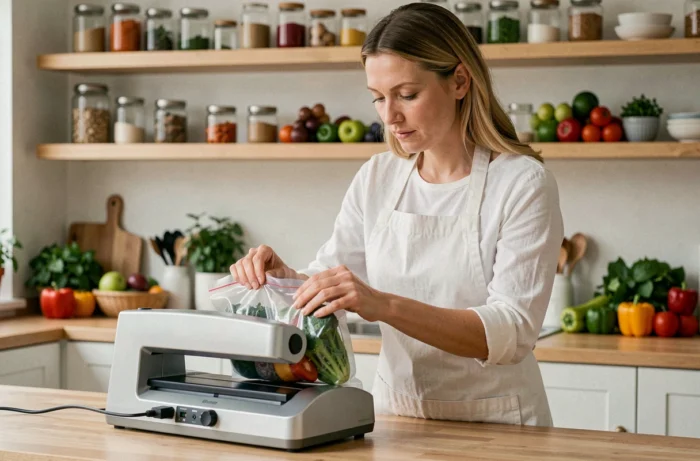 Femme utilisant une machine de mise sous vide pour conserver des légumes frais dans sa cuisine