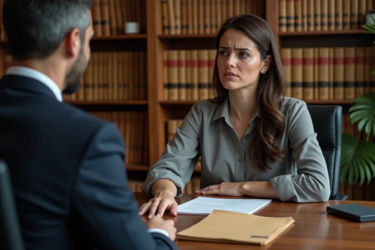 Femme consultant un avocat au sujet d'une mesure d'éloignement dans un bureau juridique