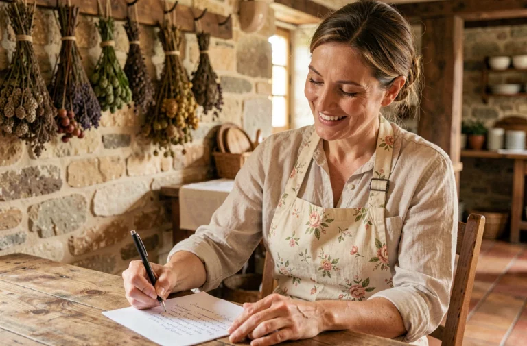 Femme en tablier floral écrivant une note manuscrite dans une cuisine de ferme rustique en pierre pour contacter La Fermette De Marie