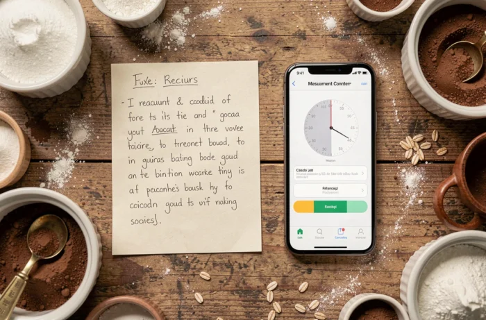 Vue du dessus d'un convertisseur de mesures culinaires sur smartphone entouré d'ingrédients mesurés et d'une fiche recette manuscrite