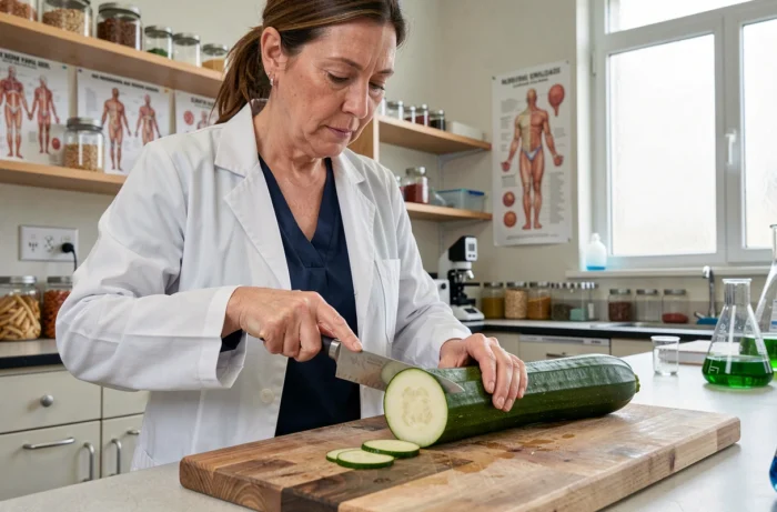 Professeure de biologie réalisant une coupe longitudinale d'une courgette en classe de sciences