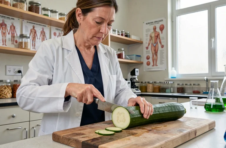 Professeure de biologie réalisant une coupe longitudinale d'une courgette en classe de sciences